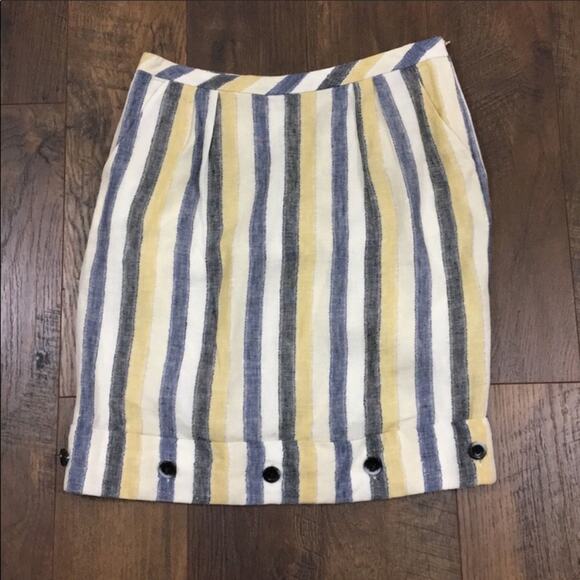 Anthropologie Edme & Eystlle "Cafe Awning" Linen Cream/Navy/Yellow Striped Skirt - Picture 3 of 7